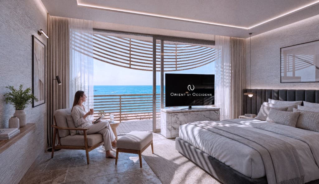 Hotel Juzno More oda iç mekânı ve deniz manzarası